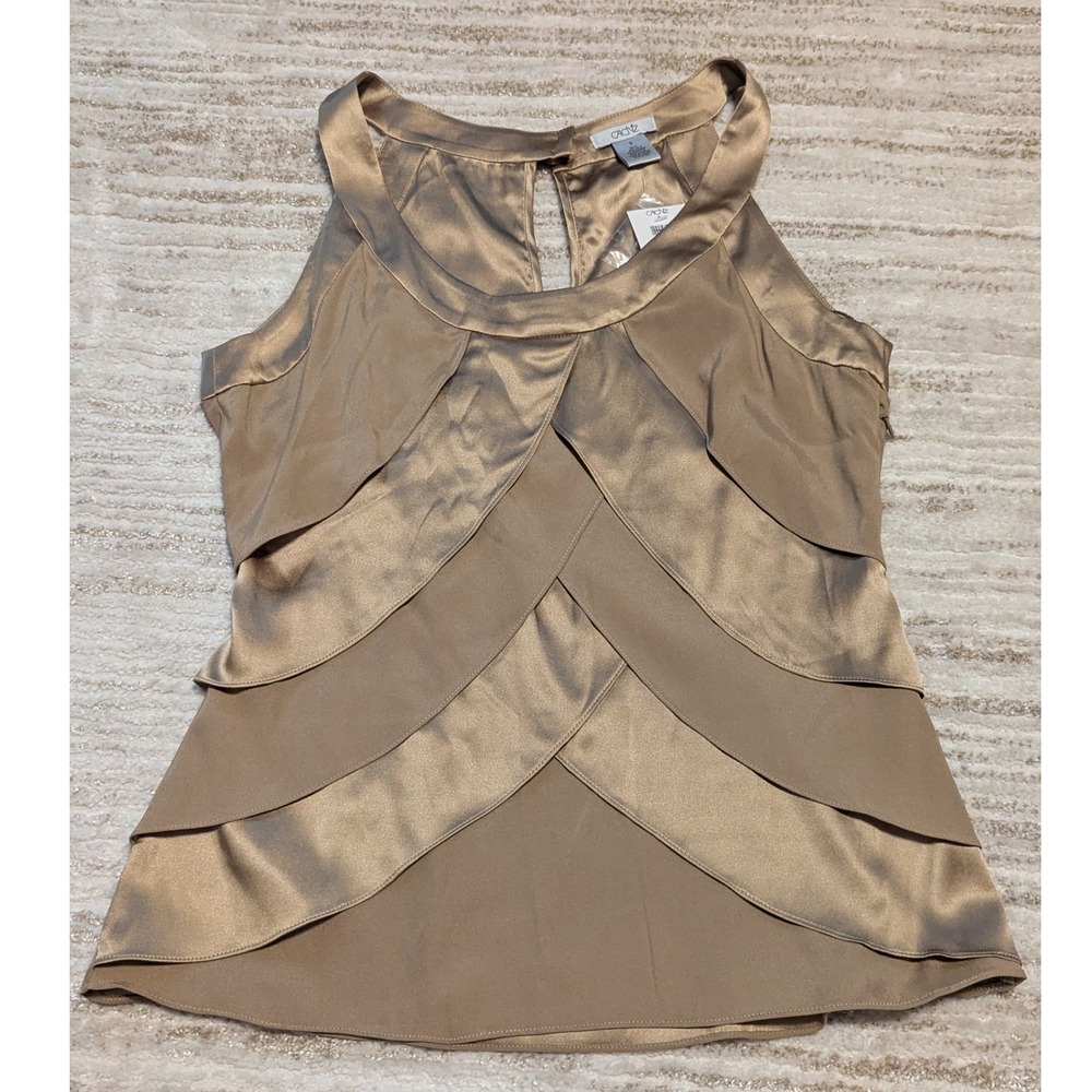 Vtg Cache Silk Blend Tiered Sleeveless Top Sz S Gold Satin Glam Fairy Ethereal